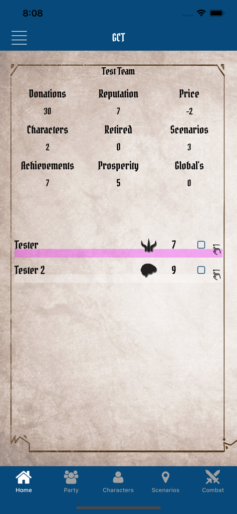 Gloomhaven Campaign Tracker - Gloomhaven Campaign Tracker home screen showing party statistics and character levels