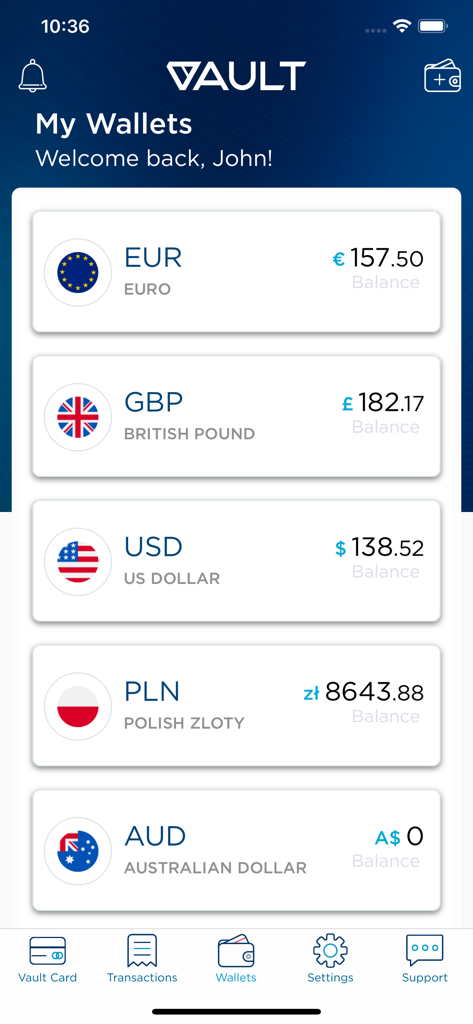 Vault – Borderless Banking - Vault app screen showing multiple currency wallet balances for global banking.