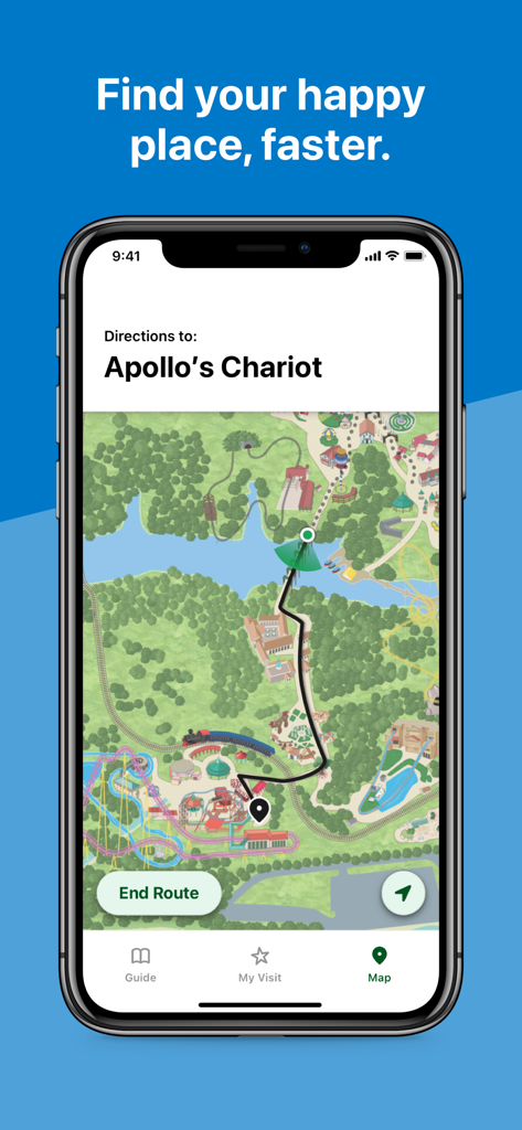 Busch Gardens - ブッシュガーデンズアプリのインタラクティブマップに、アポロ・シャリオットへの徒歩での経路が表示されています。