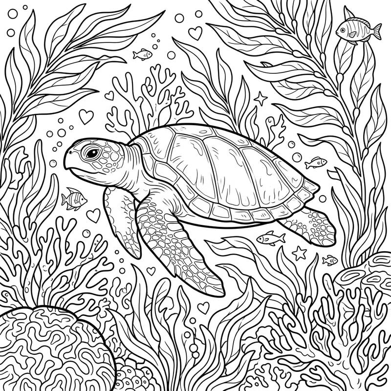 Immerse yourself in the serene beauty of the ocean with this intricate Olive Ridley Sea Turtle coloring page. Discover a rich underwater world filled with vibrant marine life waiting for your creative touch.