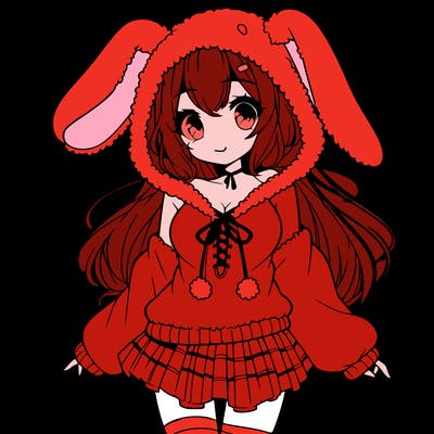pretty anime girl wearing a fluffy hoodie with bunny ears on the hood and a skirt