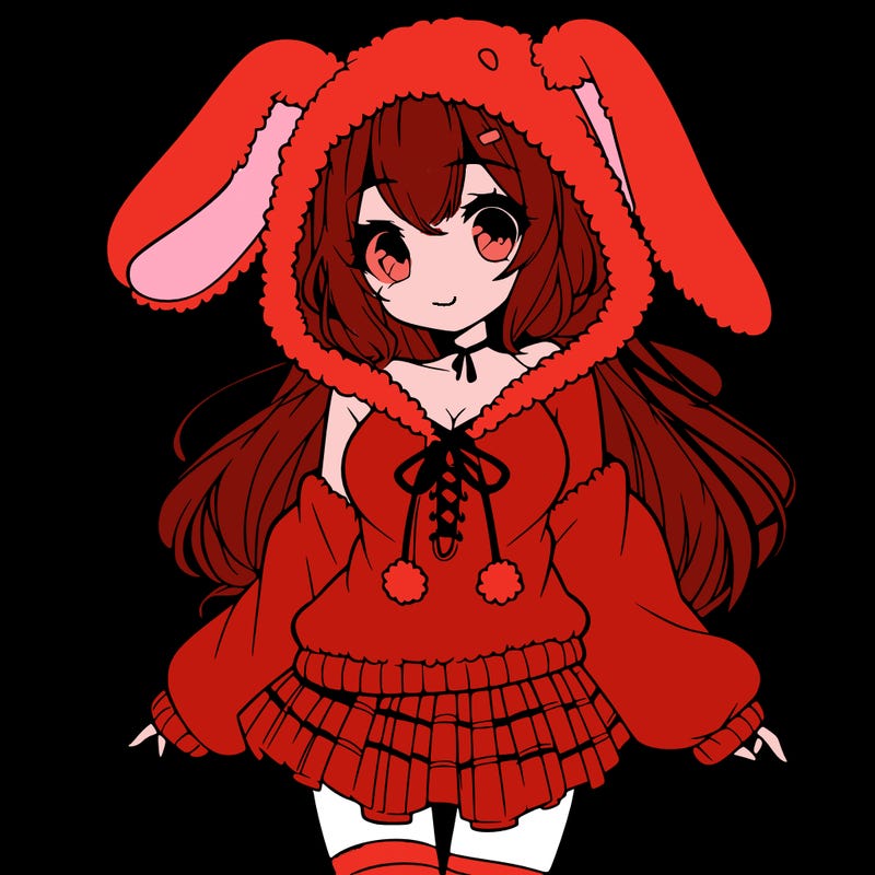 pretty anime girl wearing a fluffy hoodie with bunny ears on the hood and a skirt