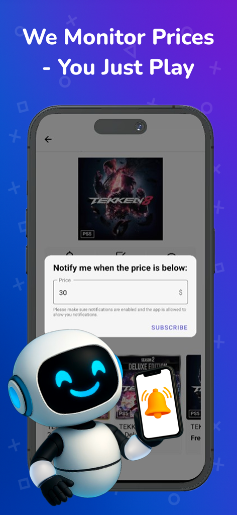 PS Store - Price tracker - Mobile app screen showing a price drop notification setting for Tekken 8 on PlayStation Store.