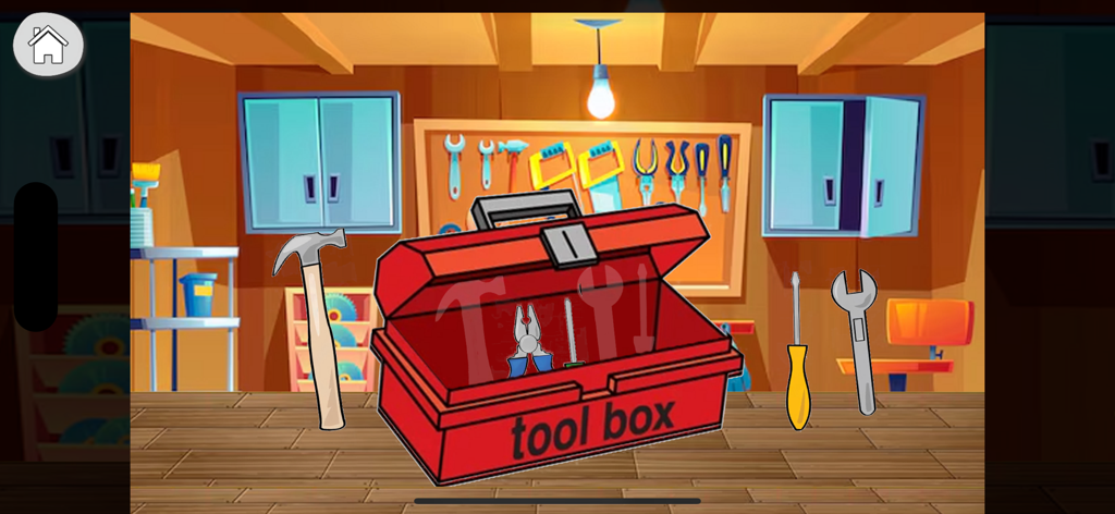 Una pantalla de juego de dibujos animados que muestra varias herramientas como un martillo y una llave inglesa siendo organizadas en una caja de herramientas roja en un taller.