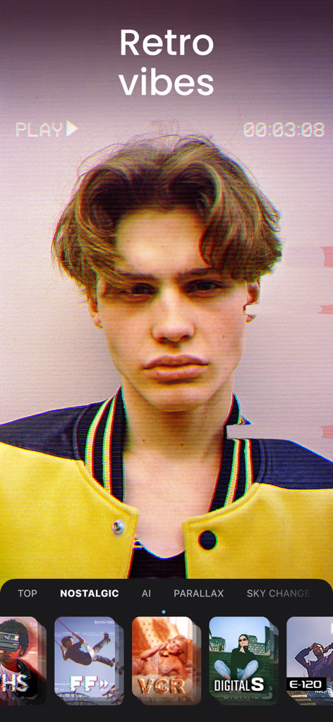 Video Maker & Editor: Dizzi AI - Interfaz de la aplicación Dizzi AI con filtros de video de estilo retro y efectos nostálgicos de VHS