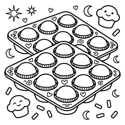 Dive into a world of delicious creativity with this delightful muffin and cupcake pan coloring page. Designed specifically for kids, it's packed with baking cheer and adorable details, ready for a splash of color.