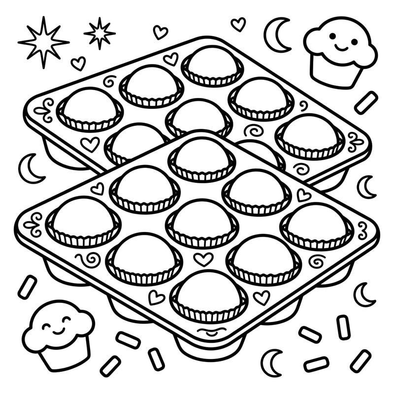 Dive into a world of delicious creativity with this delightful muffin and cupcake pan coloring page. Designed specifically for kids, it's packed with baking cheer and adorable details, ready for a splash of color.