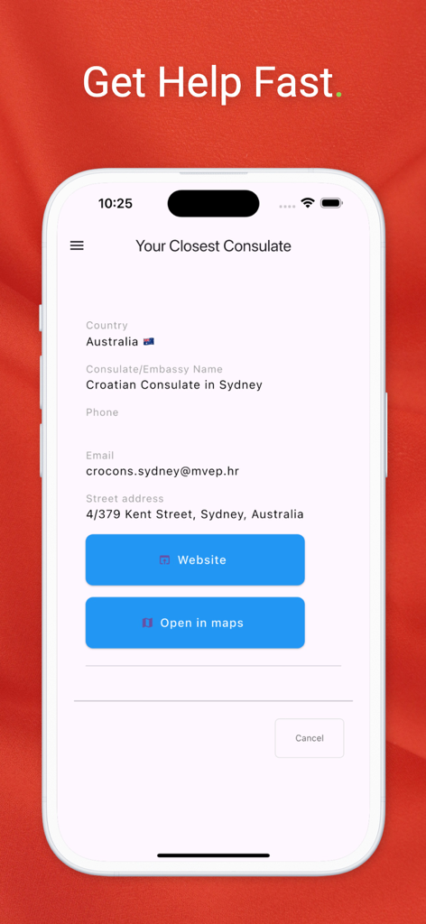 CitizenHR: Croatia Citizenship - Screenshot der CitizenHR-App, der die Kontaktdaten des nächstgelegenen kroatischen Konsulats anzeigt, einschließlich Adresse, E-Mail und Kartenlinks.