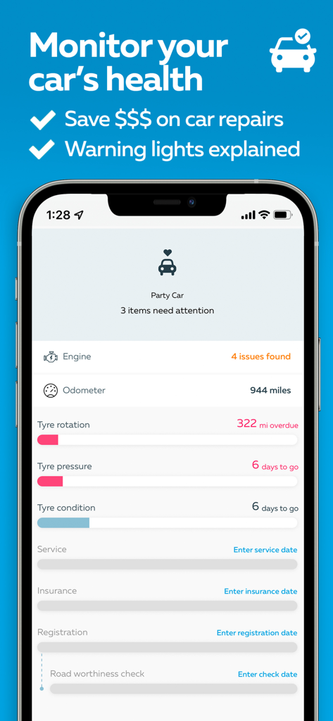 GOFAR All-in-1 Mileage Tracker - GOFAR app interface showing car diagnostics and maintenance alerts like tyre rotation and engine issues