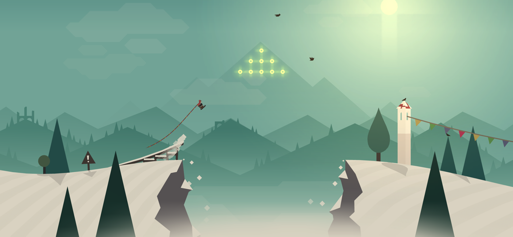 Alto's Adventure - Snowboarding character leaping over a mountain chasm in a minimalist landscape