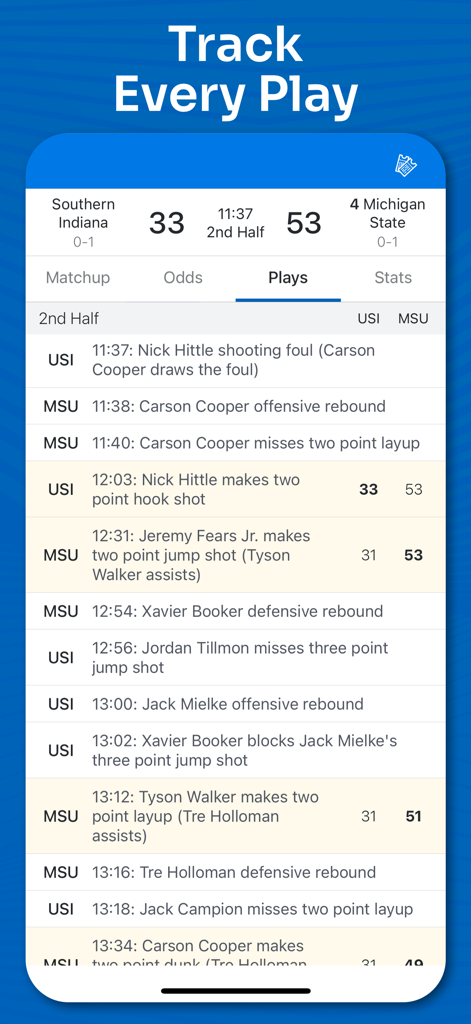 Real-time play-by-play updates for a college basketball game on the Superfan Sports app