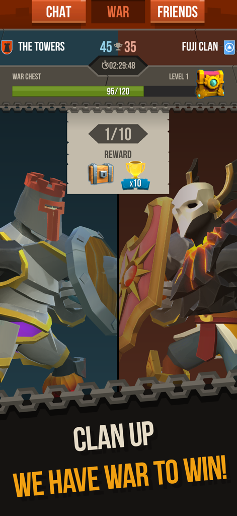 Clan War screen in Duels PVP game featuring two knights and competitive team scores