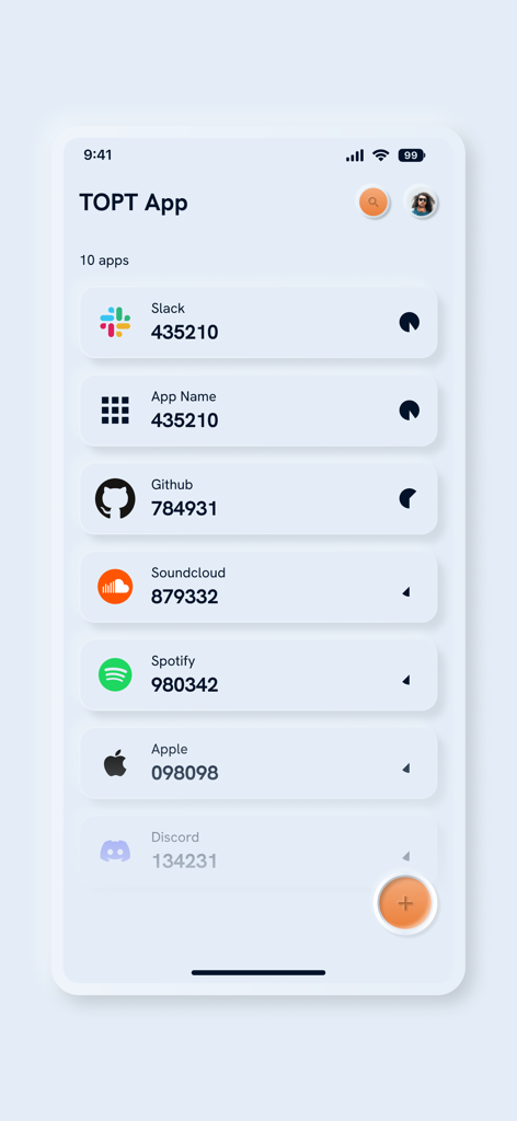Interface of TOTP Authenticator app displaying security codes for multiple online accounts
