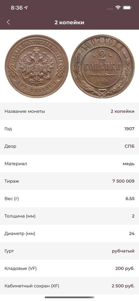 Detailed view of a 1907 Russian Empire 2 kopek coin with historical data and images