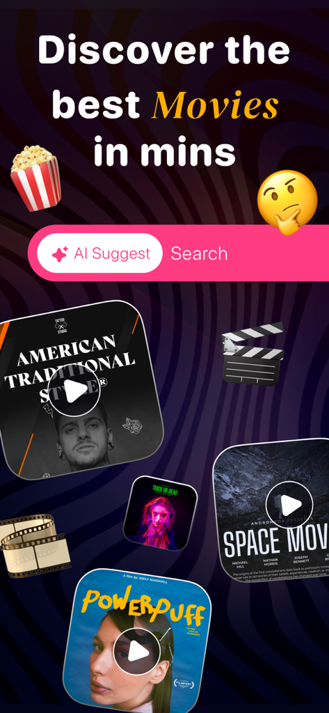 Écran d'accueil de l'application Streamex présentant des suggestions de découverte de films par IA et des affiches de films populaires.