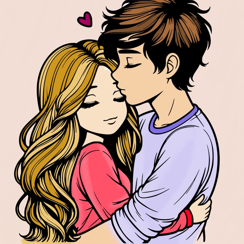 a realistic couple boy and girl hugging and kissing