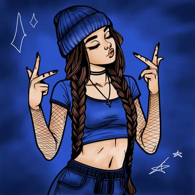 realistic teenage girl with braids and a beanie and crop top doing 🫶🏼