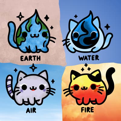 4 cats that represent the different elements, earth, water, air, and fire