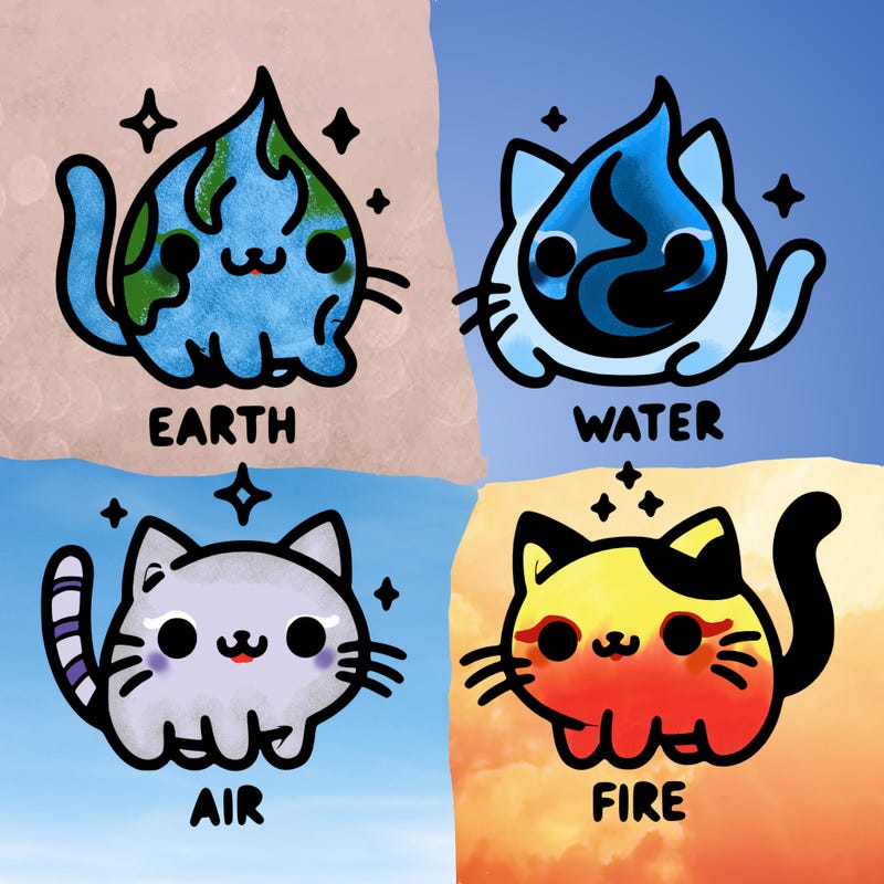 4 cats that represent the different elements, earth, water, air, and fire