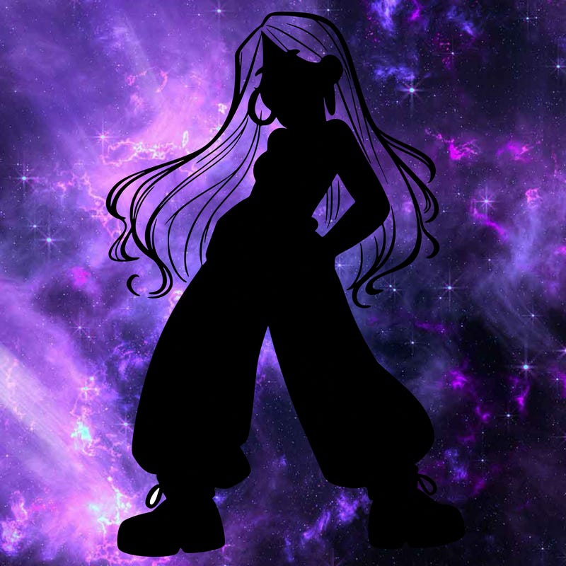 girl in baggy pants crop top and long hair