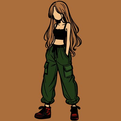 girl in baggy pants crop top and long hair