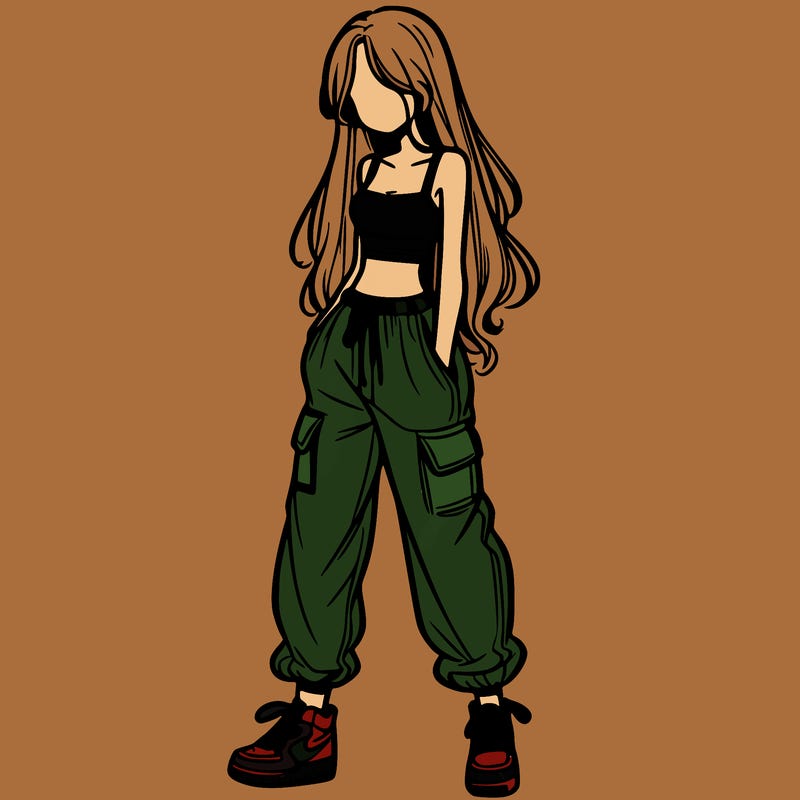 girl in baggy pants crop top and long hair