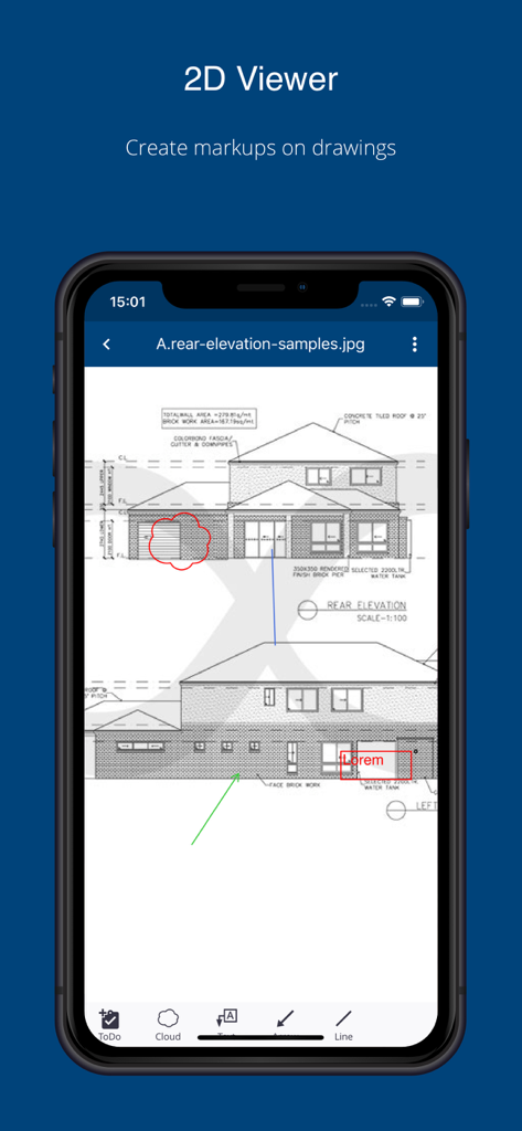 Visualizzatore 2D dell'app mobile Trimble Connect che mostra annotazioni su un disegno di costruzione