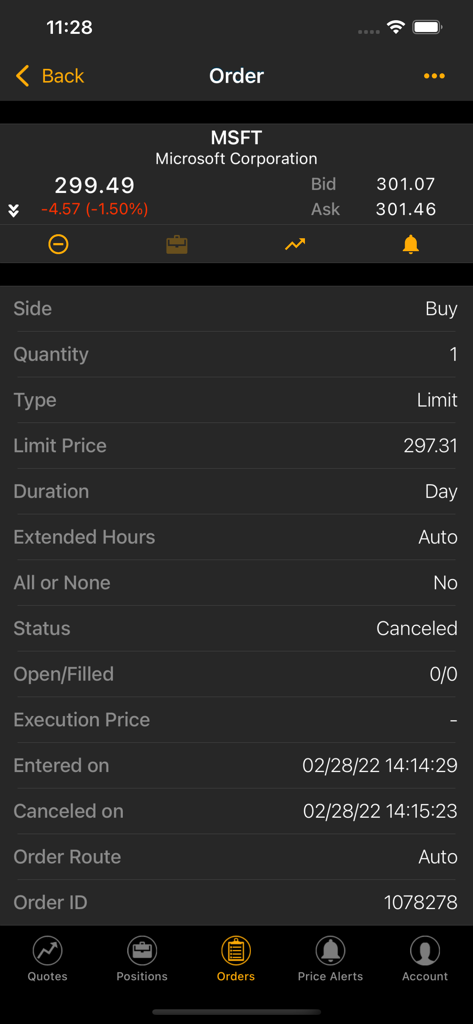 Interfaz móvil de AutoShares WebTrader mostrando información detallada de una orden límite de acciones de MSFT cancelada.