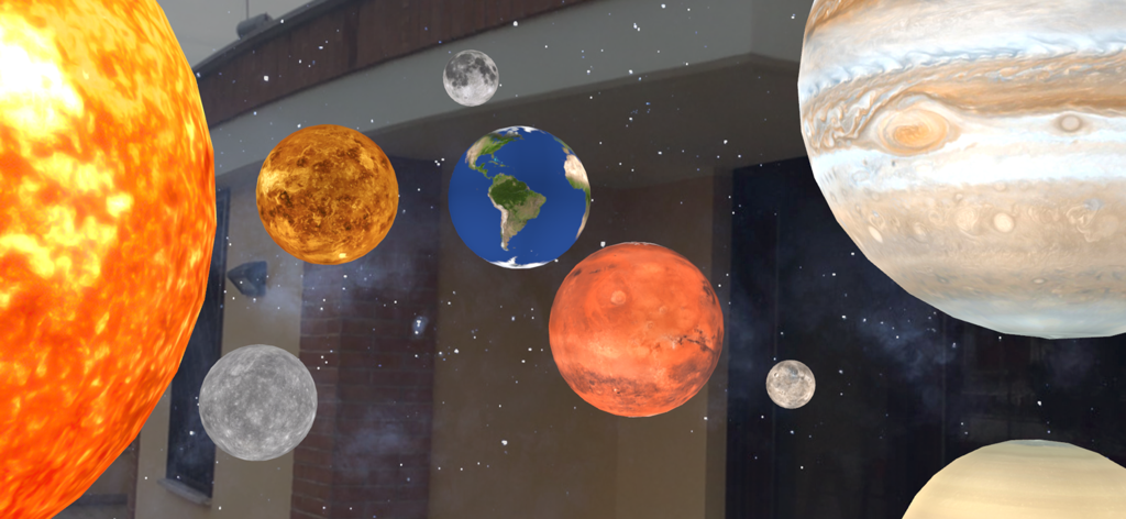 Augmented reality view of various planets and the Sun from the AR Solar System PRO app overlaid on a real-world environment