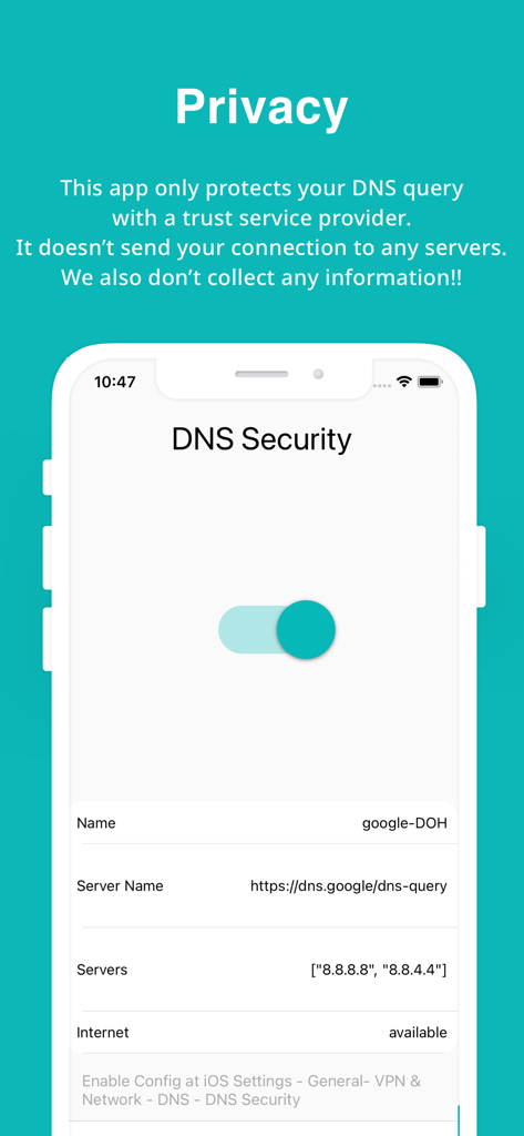 Interfaccia dell'app DNS Security Pro che mostra l'informativa sulla privacy e la configurazione del server google-DOH su un iPhone.