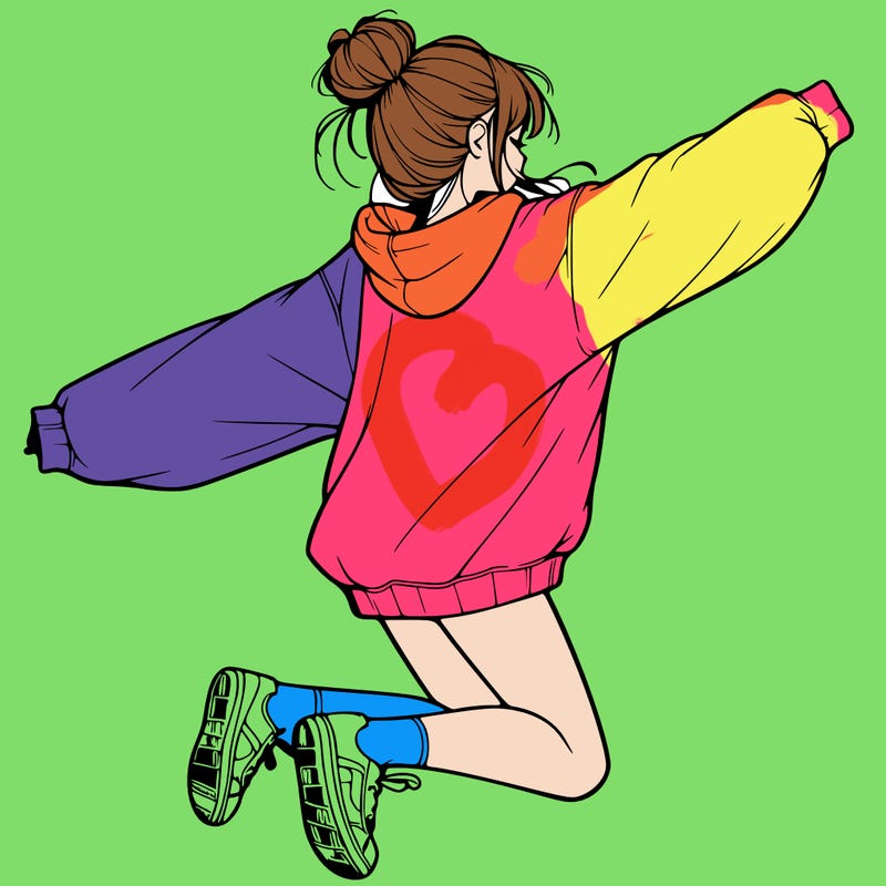 realistic girl jumping with a bun and oversized sweatshirt