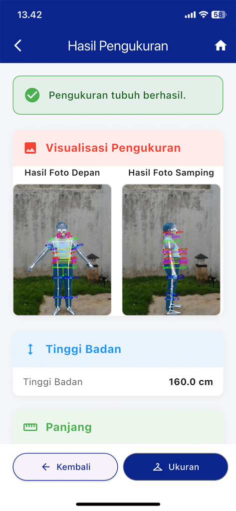 Mobile app interface showing AI body measurement results with a 160 cm height and visual scanning points.