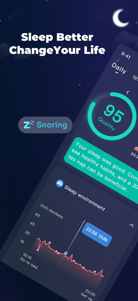 Interface do aplicativo Sleep Brain exibindo pontuação de qualidade do sono e monitoramento de decibéis de ronco