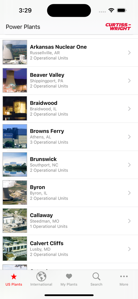 CW Nuclear - Directory of US nuclear power plants in the CW Nuclear app showing locations and operational units