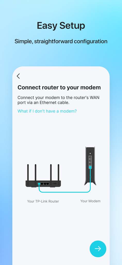Diagram in the TP-Link Tether app showing how to connect a router to a modem