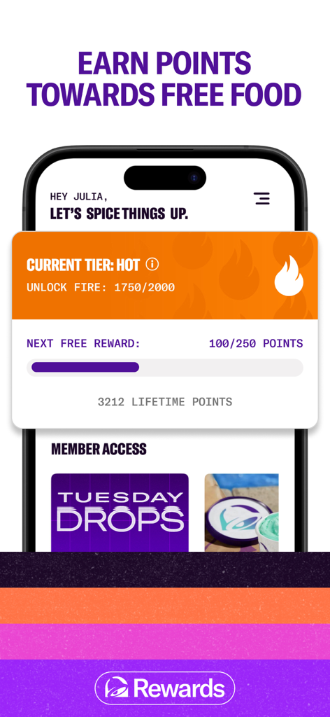 Taco Bell app rewards dashboard showing points progress toward free food and loyalty tiers
