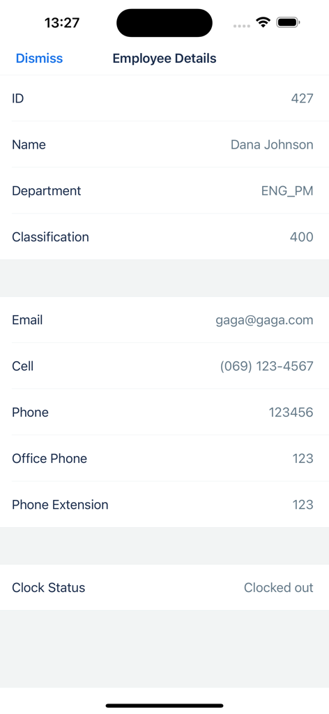 TimeClock Plus Manager - Employee details screen in TimeClock Plus Manager showing name, department, contact info, and clock status.