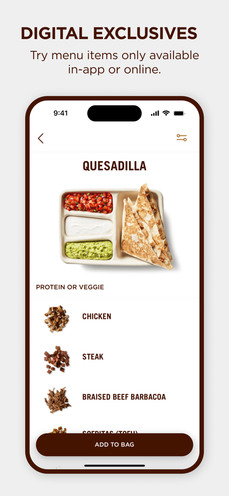 Chipotle Middle East - A mobile app screen for Chipotle Middle East showing a quesadilla menu item with options for chicken, steak, and beef under the digital exclusives category.