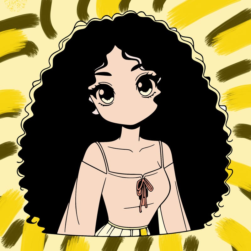 a black anime girl with long afro hair