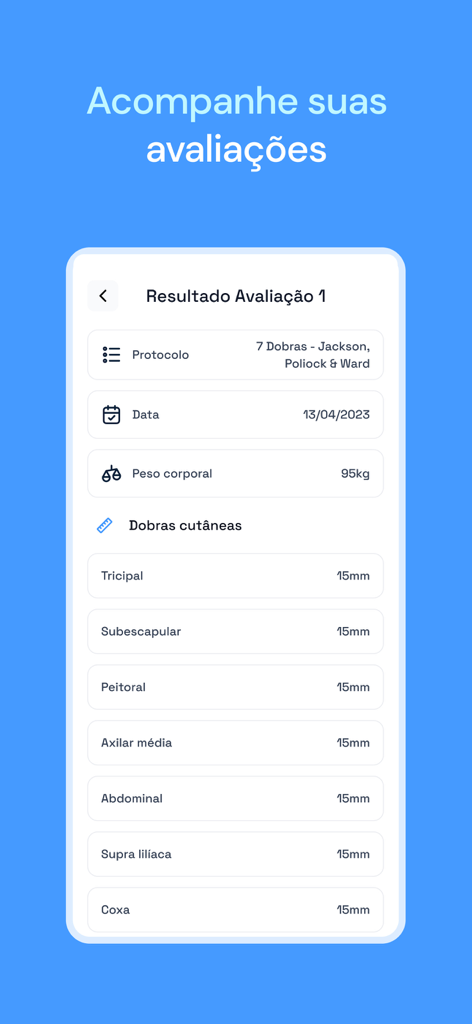 Prime Coaching - Interface do aplicativo Prime Coaching mostrando um relatório de avaliação corporal com medidas de peso e dobras cutâneas.