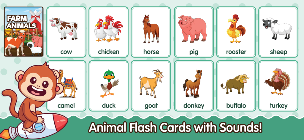 Learning Games for Kids ABC - Una colección de tarjetas interactivas de animales de granja para niños pequeños, incluyendo una vaca, una gallina y un caballo.