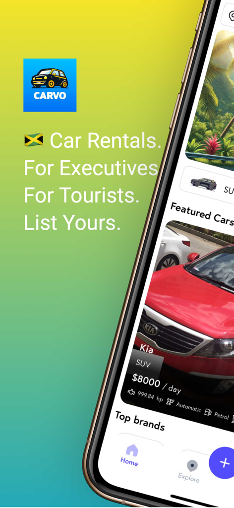 YaRide - App mobile YaRide che mostra annunci di noleggio auto in Giamaica con un SUV Kia rosso in primo piano