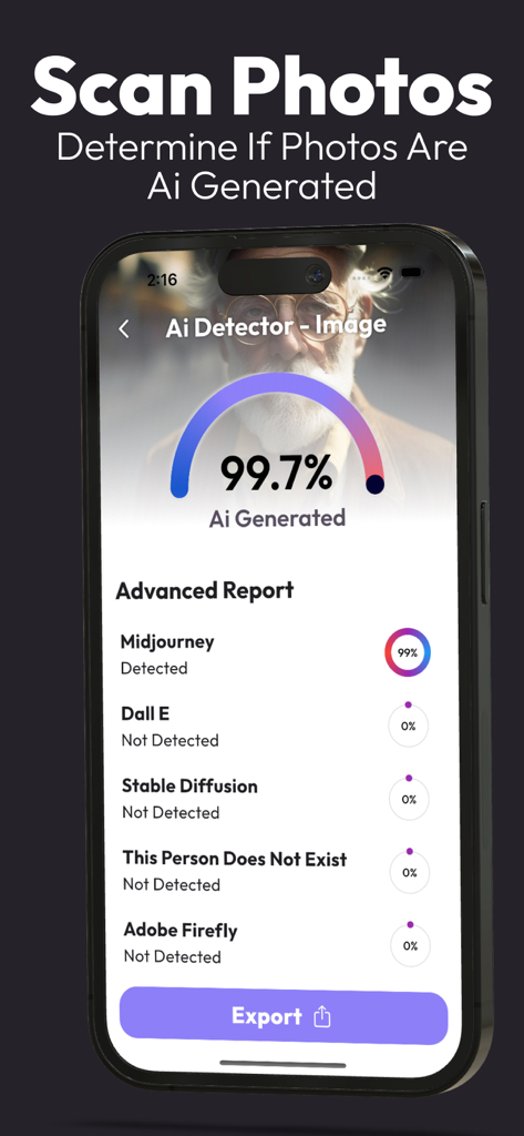 AI Detector & Humanizer AiScan - Interfaz de la aplicación de detección de IA que muestra un resultado de escaneo del 99,7 % generado por IA para una foto con un desglose de modelos de detección como Midjourney