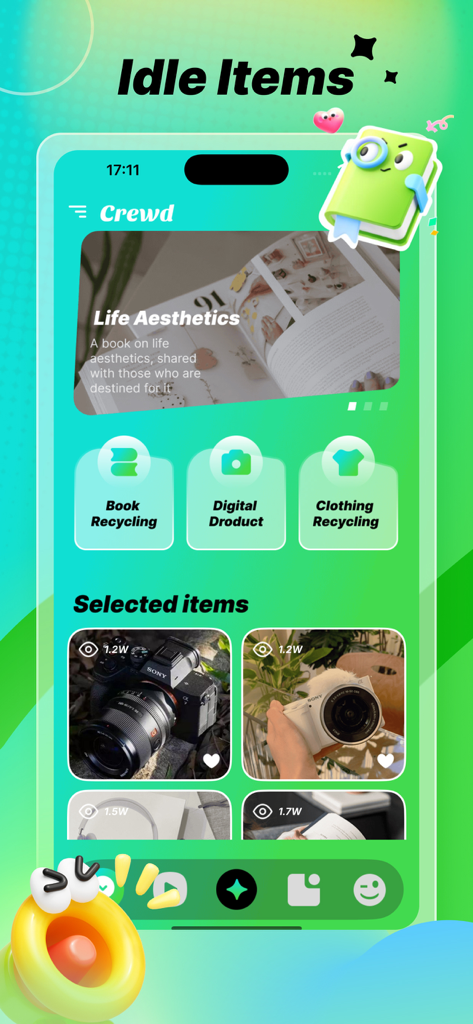 Interface of the Crewd app showing categories for recycling books, digital products, and clothing.