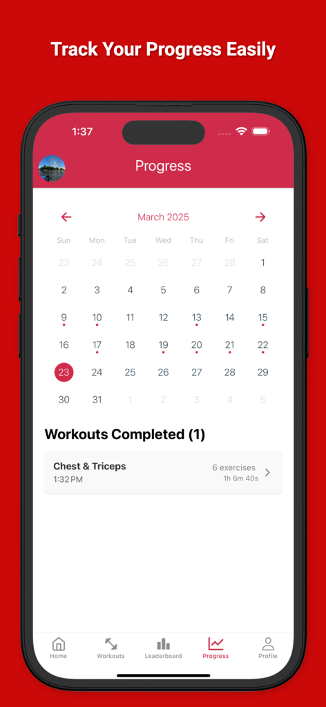 Gym Rank 앱 진행률 화면, 운동 캘린더 및 완료된 훈련 세션 로그 표시