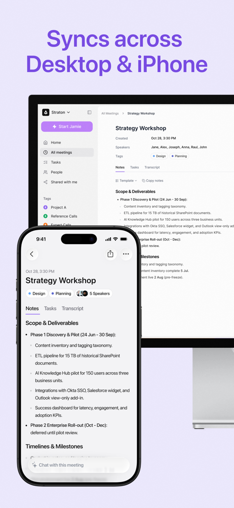 Jamie AI Note Taker interface showing seamless synchronization of meeting notes between a desktop computer and an iPhone.