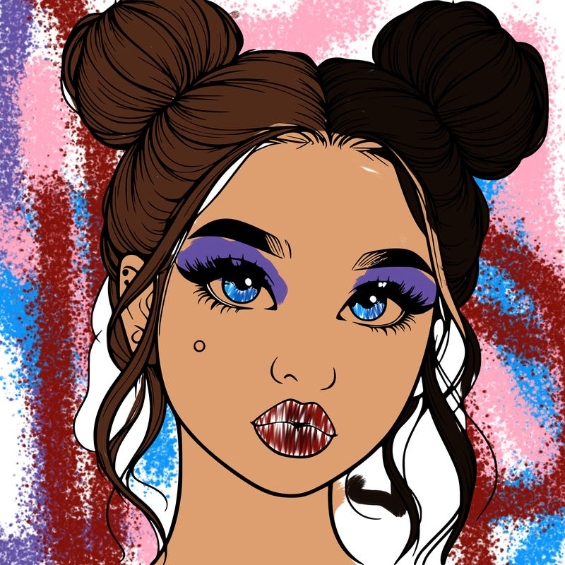realistic girl with two buns on her hair and lips