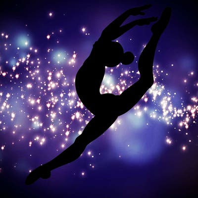 gymnast doing a leap in a leotard with a bent back leg