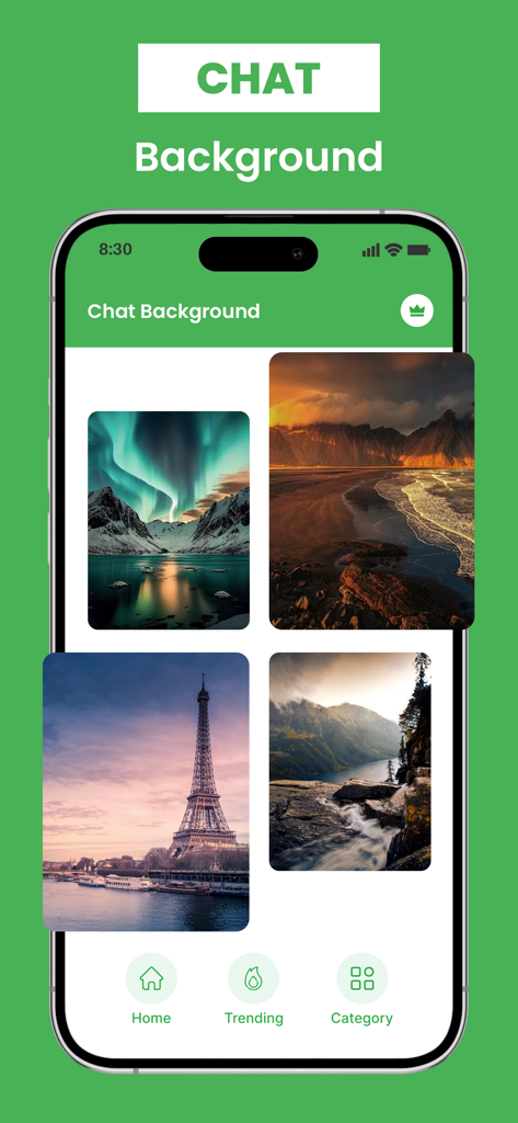 GB Web Latest Version - Interfaccia dell'app GB Web che mostra una collezione di immagini di sfondo per chat estetiche, tra cui paesaggi e la Torre Eiffel