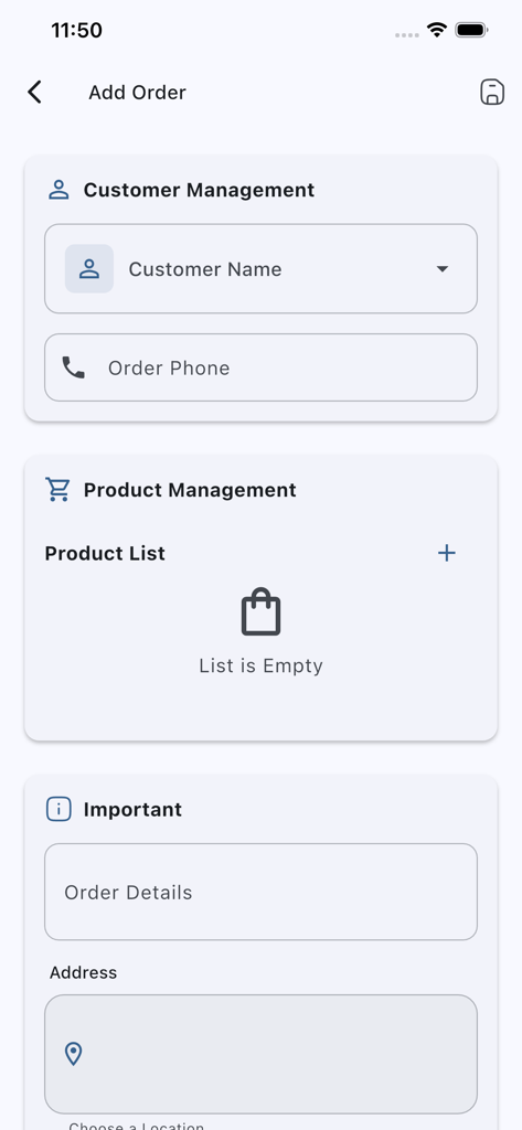 Order Tracking System - Mobile app interface for adding a new order with customer and product management sections.